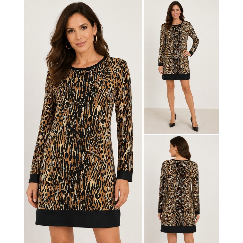 Cache Leopard Print Dress Long Sleeve Black Trim Party Cocktail Size 4